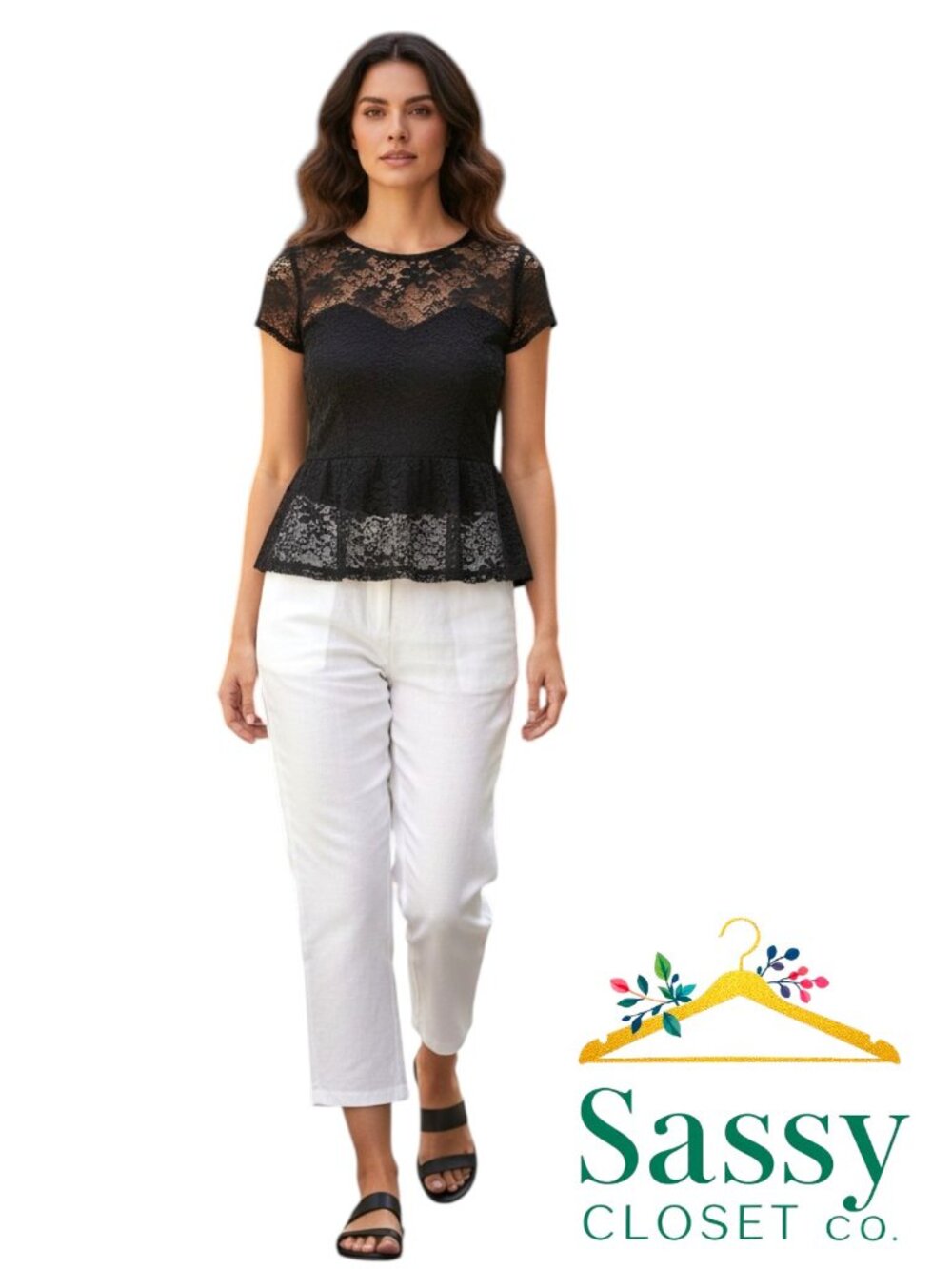 Forever 21 Black Lace Peplum Top M Evening Blouse Short Sleeve Goth Knit